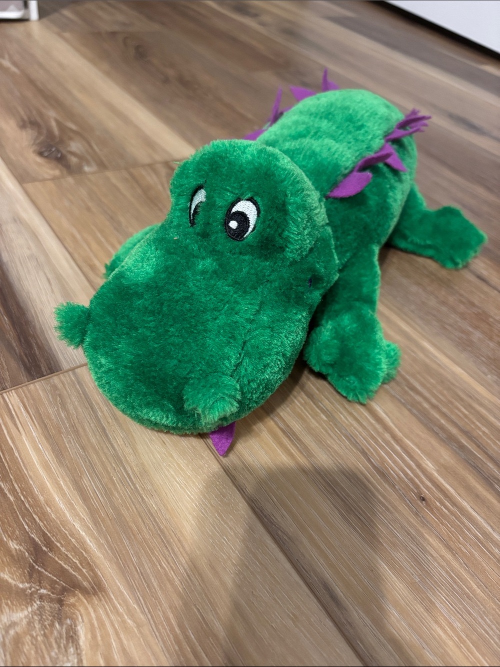 Plush Green Alligator Dog Toy with Purple Accents